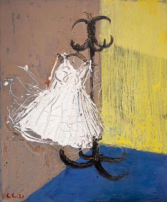 Serhiy Savchenko, Warderobe of the ritual service, Öl und Acryl auf Leinwand, 2021, 120 x 100 cm