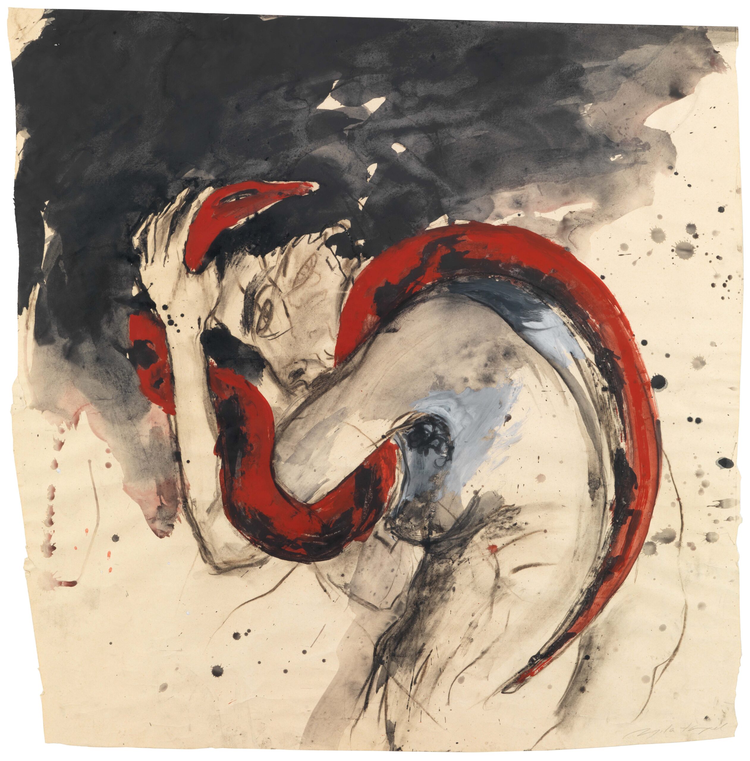 Angela Hampel, Frau mit Schlange, Mischtechnik auf Papier, 94 x 94 cm