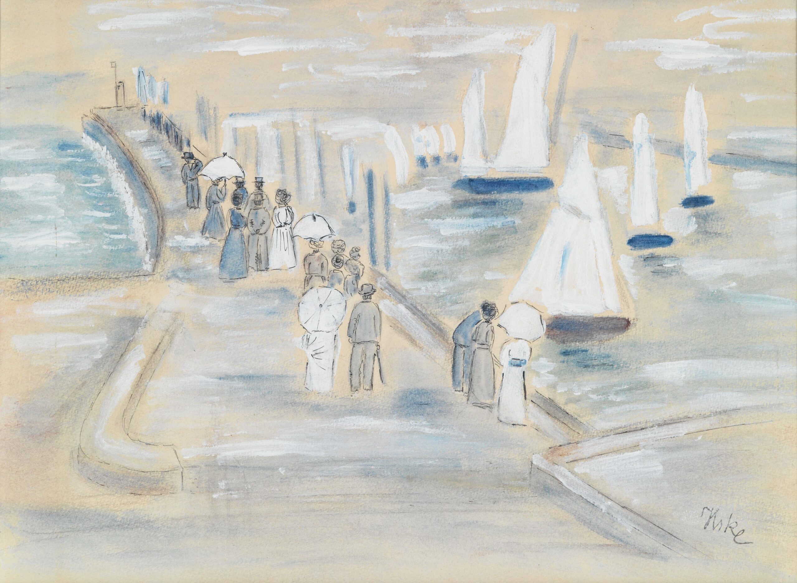 Ilske Schwimmer, An der Mole, n.d., Aquarell auf Papier, 48 x 37 cm