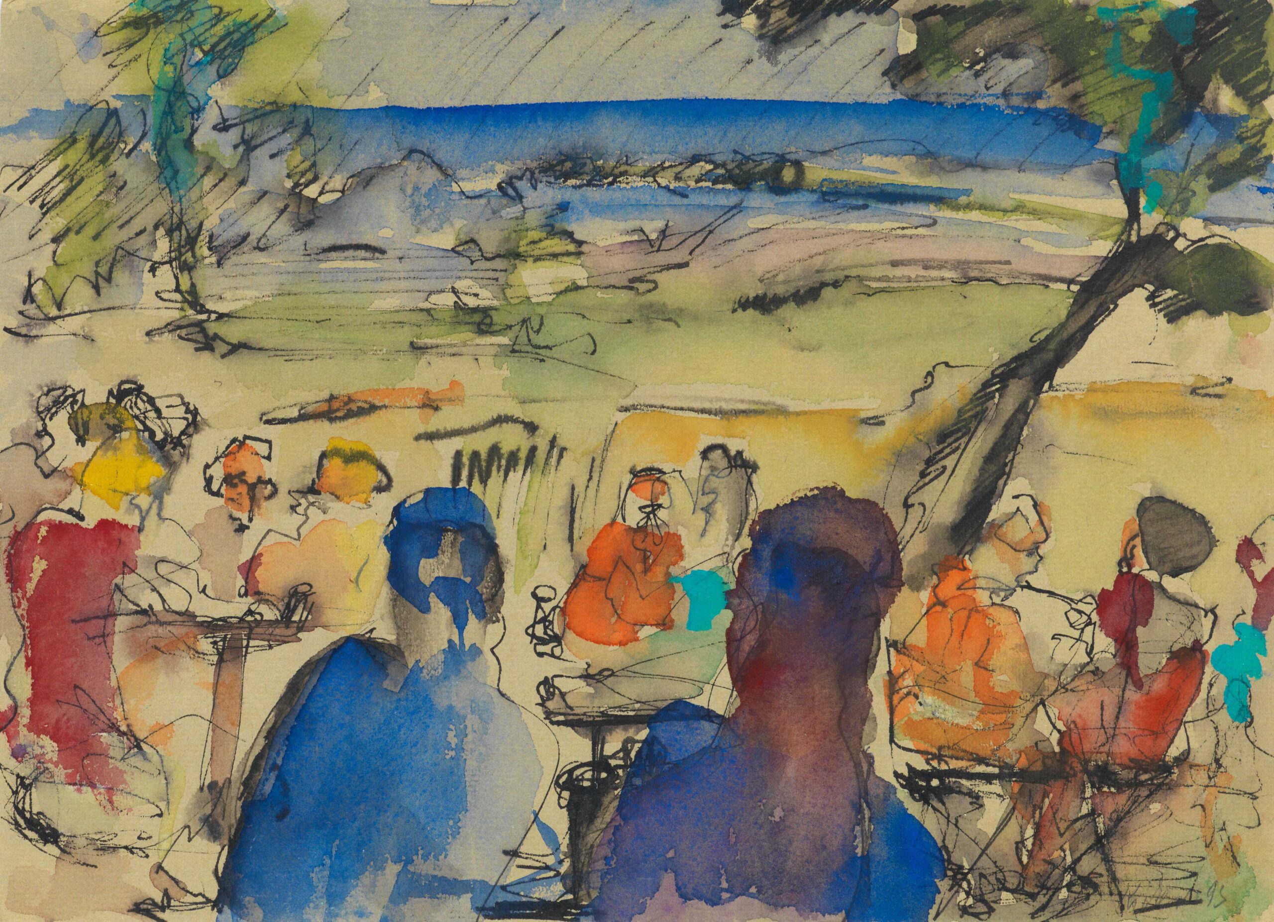 Beate Kicherer, Im Café (am See), 1993, Mischtechnik auf Papier, 21 x 23cm