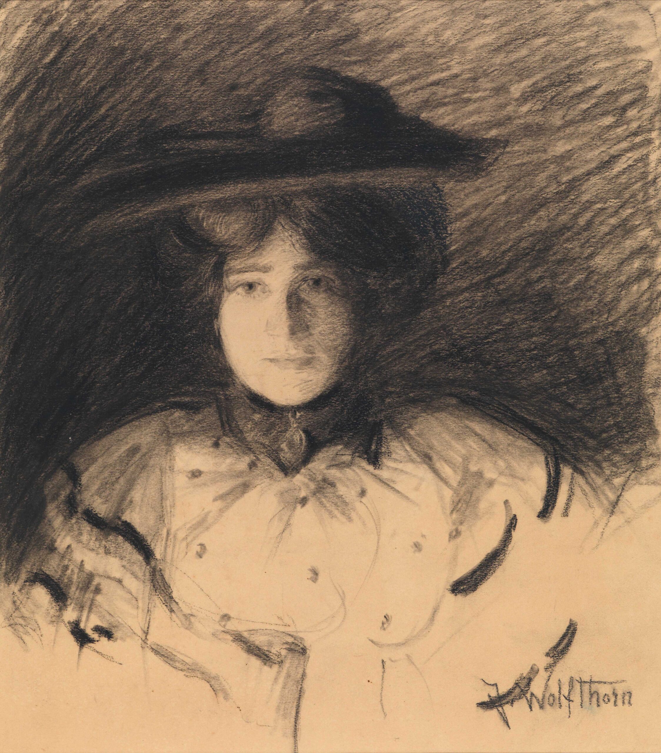 Julie Wolfthorn, Damenportrait mit Hut, ca. 1910, Kohle auf Velin, 49 x 44 cm